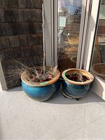 Two blue glazed ceramic pots with tan rims, placed outside near a glass door. Both contain dry soil and dead plants.
