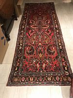 Full-length view of rug runner on light tile floor, showing overall design and fringing