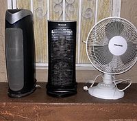 Front view of GermGuardian, Honeywell tower air filter, and Pelonis table fan showing size and overall condition