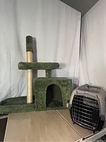 Photo showing a green plush cat tree with a scratching post, enclosed cubby, and perching platform next to a gray plastic pet carrier with metal door.
