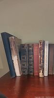 Photo of seven antique books on shelf showing condition and spine details