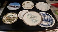 Eight vintage plates laid out on a dark surface showing various themes including floral, historical, scenic, and animal scenes.