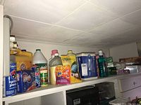 Full view of the cleaning supplies on a basement shelf including detergent, spray paint, cloths, and paper towels