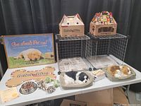 Full view of the toy puppies in beds, wire display cage, cardboard carry cases, retail sign, and accessories arranged on a table.