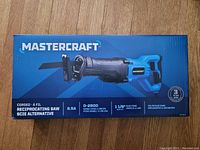 Box front showing Mastercraft brand reciprocating saw specs and 3-year warranty.