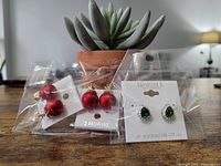 Faux succulent plant in terra cotta pot with three sets of earrings on wooden surface.