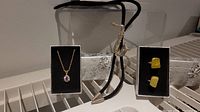 Front view of necklace, bolo tie, and yellow stone rings on black and silver display stands.