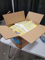 Opened cardboard box showing multiple sealed yellow packs of Colorcoral cleaning gel slime inside, each containing 5 pouches.