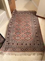 Full view of the Persian style area rug showing overall pattern and fringe.