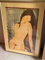 Full view of large framed print of nude woman with double matting and glass.