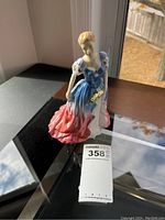 Full view of Royal Doulton Pamela figurine in blue and pink dress holding flowers.