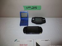 Sony PSP, Nintendo Gameboy SP, and Gameboy Advance handheld consoles shown from an angled top view.