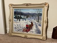 Front view of framed oil painting showing winter scene with horse and sleigh and frame damage