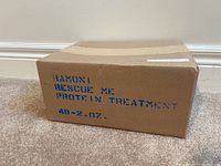 Sealed cardboard box with printed blue text indicating 'RAMONI RESCUE ME PROTEIN TREATMENT 48 - 2 OZ.'
