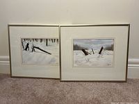 Photo showing two framed watercolour paintings titled 'Winter Thoughts' and 'Twisted Memories' by S. Blackwell, side by side against a wall.