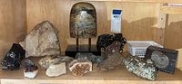 Wide view of all specimens on shelf: jasper on stand, limestone, obsidian, geodes, metallic clusters, ammonite