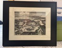 Front view of framed lithograph showing artwork and mat