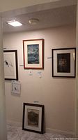 Four framed art prints hanging and leaning against a wall in a small corner space, showing birds and landscape images.