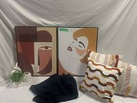 Full set showing two framed abstract art prints, four decorative boho pillows, small green plant, and two white ceramic sculptures on white backdrop.