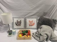 Full lot showing two framed kids animal art prints, faux fur pillow, knit blanket, wooden crate toy fruits/vegetables, lamp, candle, and succulent plant.