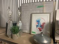 Table lamps, artificial greenery, and metal decor piece on surface in front of framed art pieces