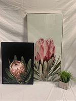 Set of two floral art prints and an artificial green plant, showing overall condition and size difference