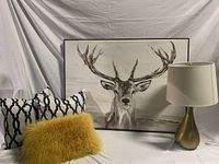Photo of large deer artwork, table lamp, and three cushions (two black and white patterned, one yellow fluffy) together