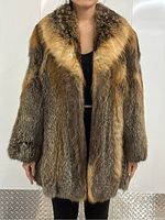 Front view of red fox fur coat on model