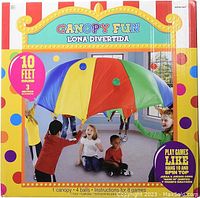 Photo of the packaged multicolor children's play parachute canopy, 10 feet round, with packaging showing 4 plastic balls included and instructions for 8 games