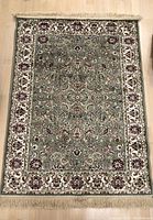 Full view of the Avila Persian style rug showing its floral and vine patterns with cream border and green central field, fringed edges visible.