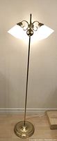 Floor lamp showing illuminated three light brass pole and frosted glass shades.