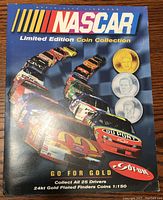 Front cover of the NASCAR Limited Edition Coin Collection album showing a line-up of NASCAR race cars and coins depicting driver faces.