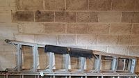 Full side view of the 8-foot metal extension ladder leaning against a concrete block wall.