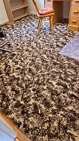 Photo of full rug in room showing mottled brown, cream, and beige pattern, high-pile texture, placed on wooden floor with some furniture around.