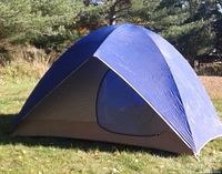 Side view of the Eureka Miramichi 6-man blue and beige dome tent set up outdoors on grass under trees.