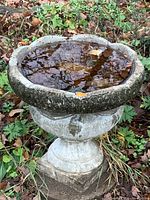 Close-up photo of the concrete bird bath top filled with leaves and water showing weathered, moss-covered surface.