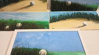 Close-up photo showing details of golf ball paintings featuring sand, grass, and blue sky elements by Donald Gotz.
