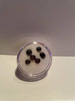 Top view of seven assorted black star sapphire stones in a small circular clear container with white cushion base showing shape, color, and surface quality.