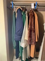 Group photo of all eight women's coats and jackets on hangers, showing a variety of styles and colors including clear raincoat, fur coat, and various fabric jackets.