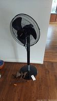 Full view of Honeywell black oscillator floor fan standing on wood floor, with metal bird bell placed near base