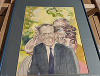 Full view of surreal political painting signed by M Pilsworth depicting Canadian Prime Ministers in caricature style with light green matte frame.