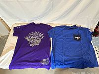 Photo showing both t-shirts laid flat, purple Raptors playoff shirt on the left and blue Blue Jays shirt on the right.