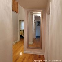 Front view of large rectangular hall mirror hanging on a hallway wall with hardwood floors.