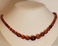 Amber necklace displayed on stand showcasing graduated amber beads and clasp.