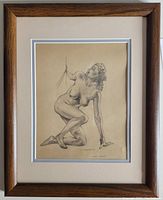 Full view of framed nude pencil drawing showing the complete artwork, matting, and wooden frame.