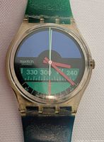 Front view of the watch face showing compass design with blue and green sections and red and pink hands.