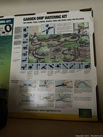 Back of the packaging detailing the garden drip watering kit components and irrigation layout.