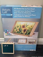 Front view of easel box showing product name, size (30x20x19 inches), usage images and brand.
