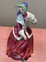 Front angle view showing detailed face, bonnet, and red dress with fur trim and muff.