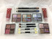 Full makeup set with eyeshadows, eyeliners, lip glosses, brushes and sponges in original clear plastic tray.